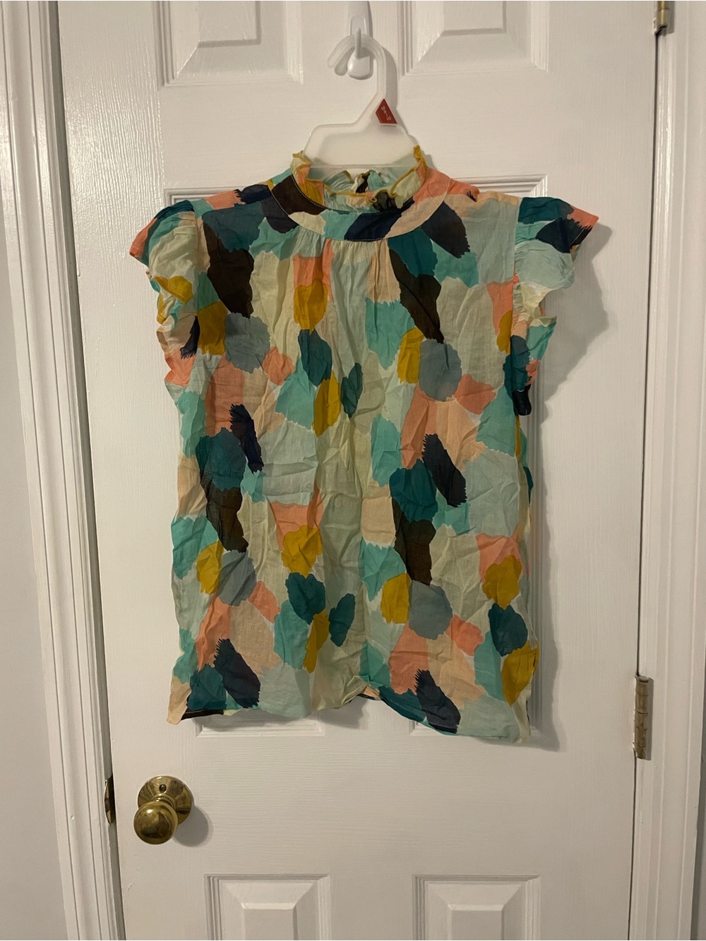 THML Watercolor Ruffle Neck Flutter Sleeve Top Multicolor
